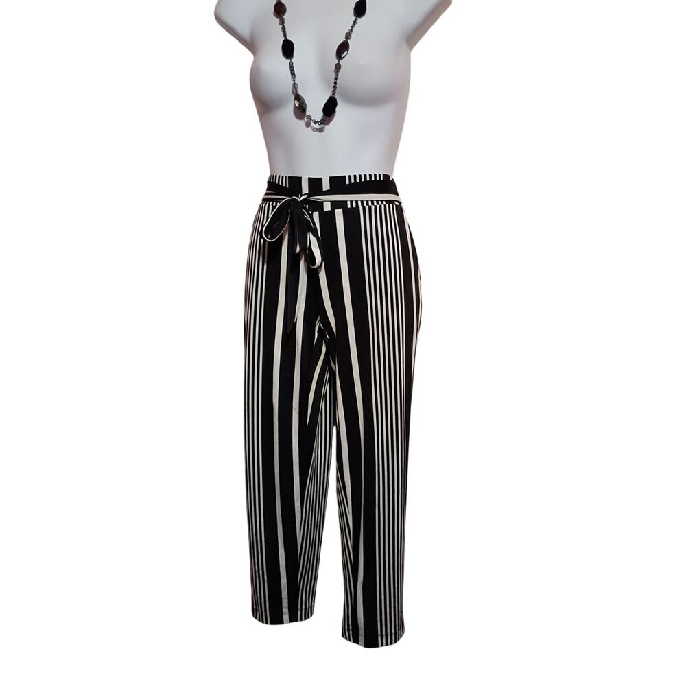 NYCC Ladies High-Rise Black & White Striped Ankle Pants with Ties Sz Sm